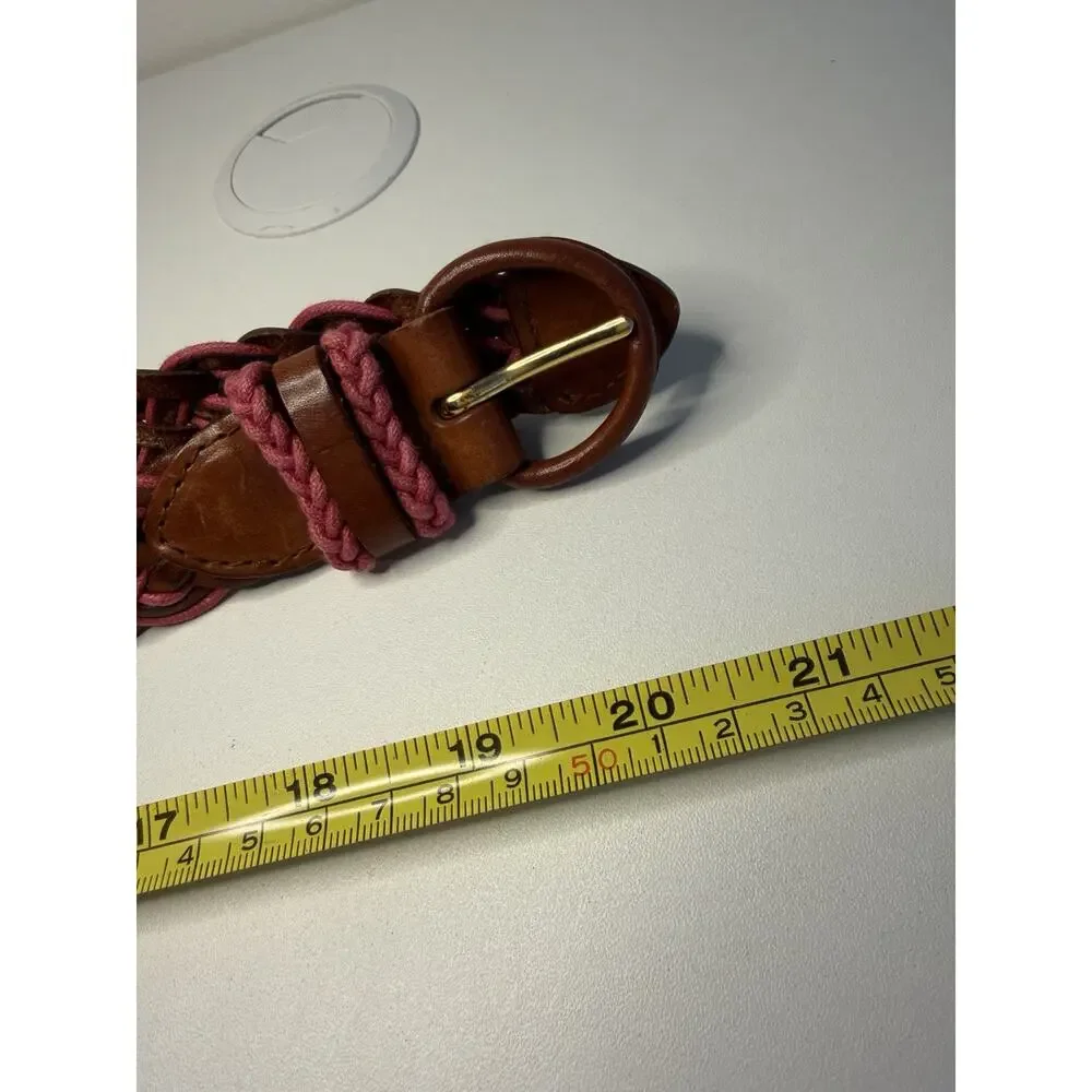 Braided Genuine Leather Belt Pink Brown Gold Buckle Woven Gaucho XL 42”